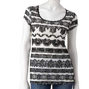 Elle Top| Lace Black and Cream Women Medium Short Sleeve Romantic Whimsigoth